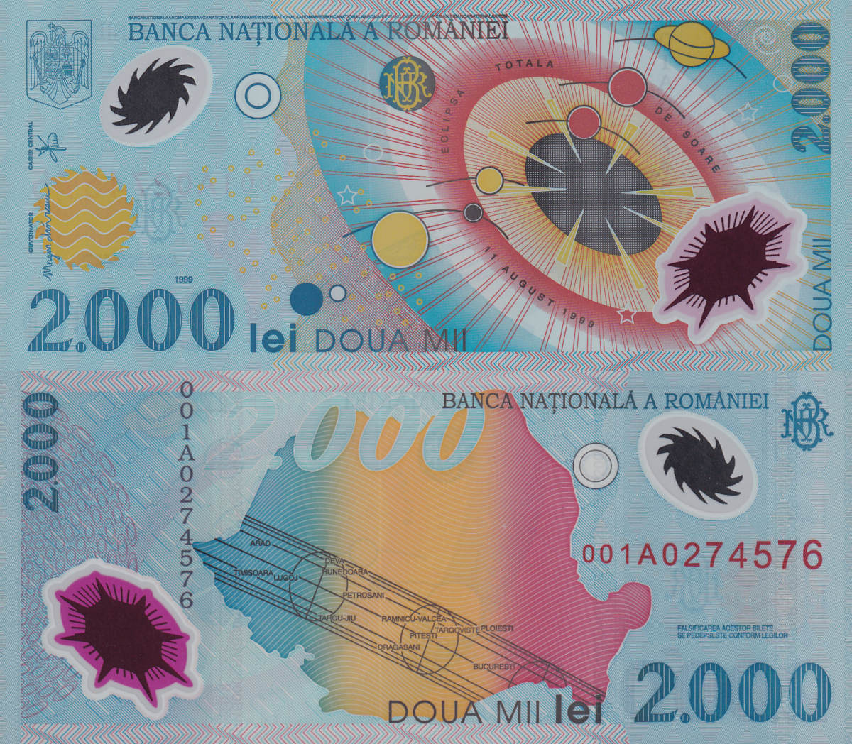 Romania 2000 Lei 1999 P 111b Polymer UNC Commemorative Prefix 001A With Folder