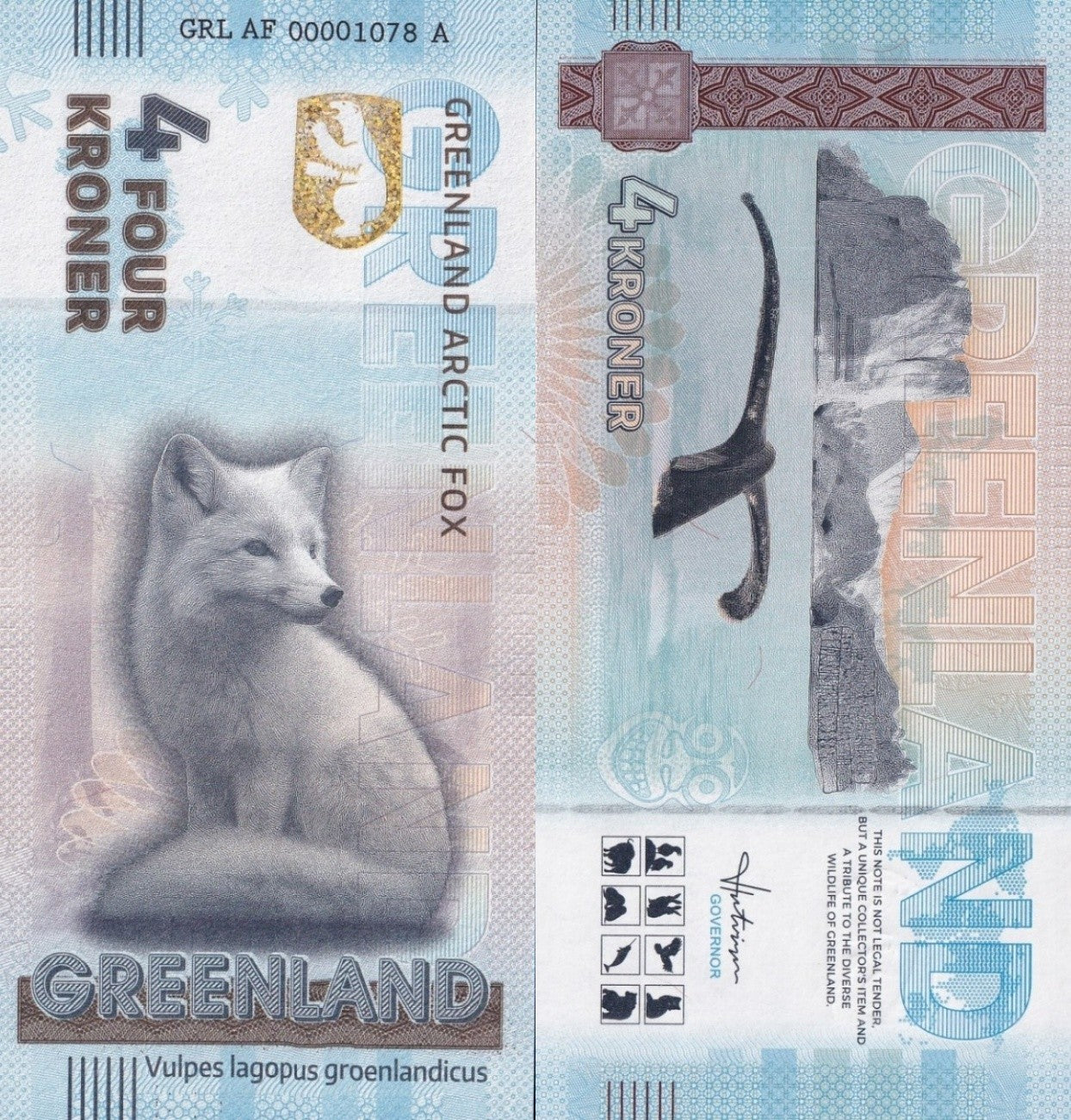 Greenland Souvenir Note 4 Krone Greenland Arctic Fox UNC Test Note