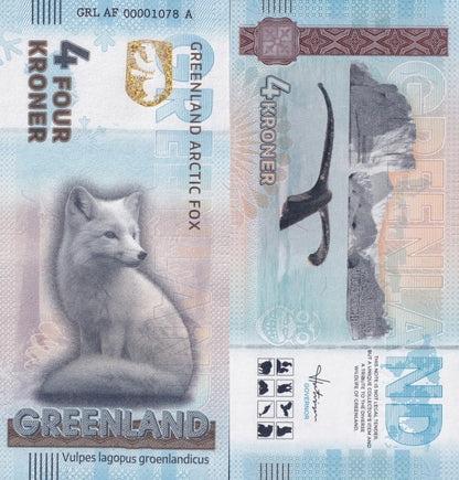 Greenland Souvenir Note 4 Krone Greenland Arctic Fox UNC Test Note