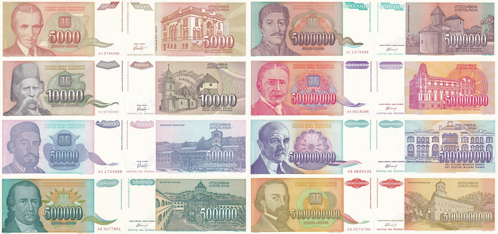 Yugoslavia 5000 5 10 50-500 Dinara Million Billion 1993 P 128-135 UNC Set 8 pcs