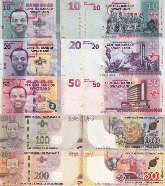 Swaziland 10 20 50 100 200  Emalangeni 2010 2015 2017 P 37-43 UNC Set 5 pcs