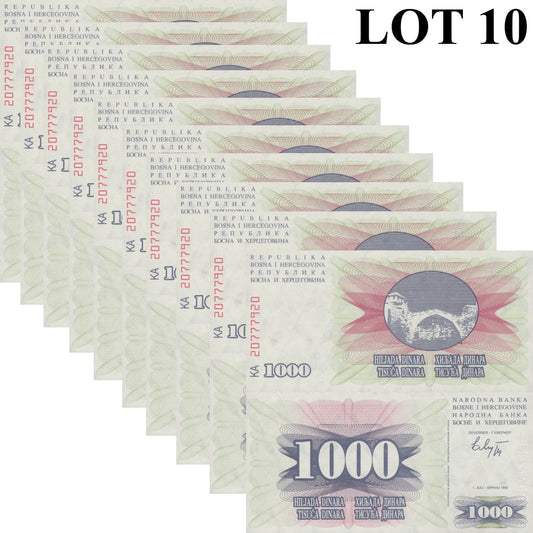 Bosnia & Herzegovina 1000 Dinara 1992 P 15 UNC 1/10 Bundle Lot 10 pcs