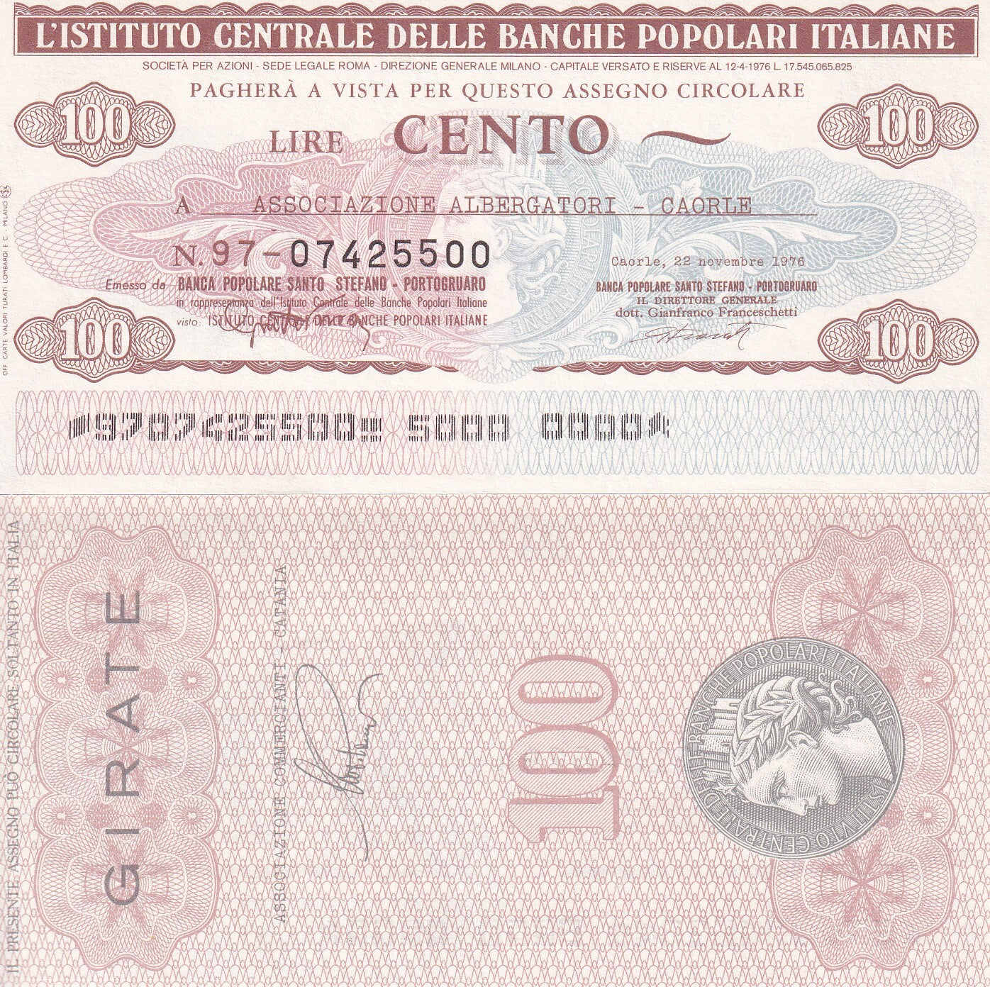 Italy 100 Lire Cento Poplari Girate 1976 Emergency Issue Coupon UNC