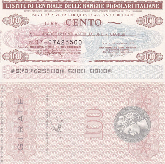 Italy 100 Lire Cento Poplari Girate 1976 Emergency Issue Coupon UNC