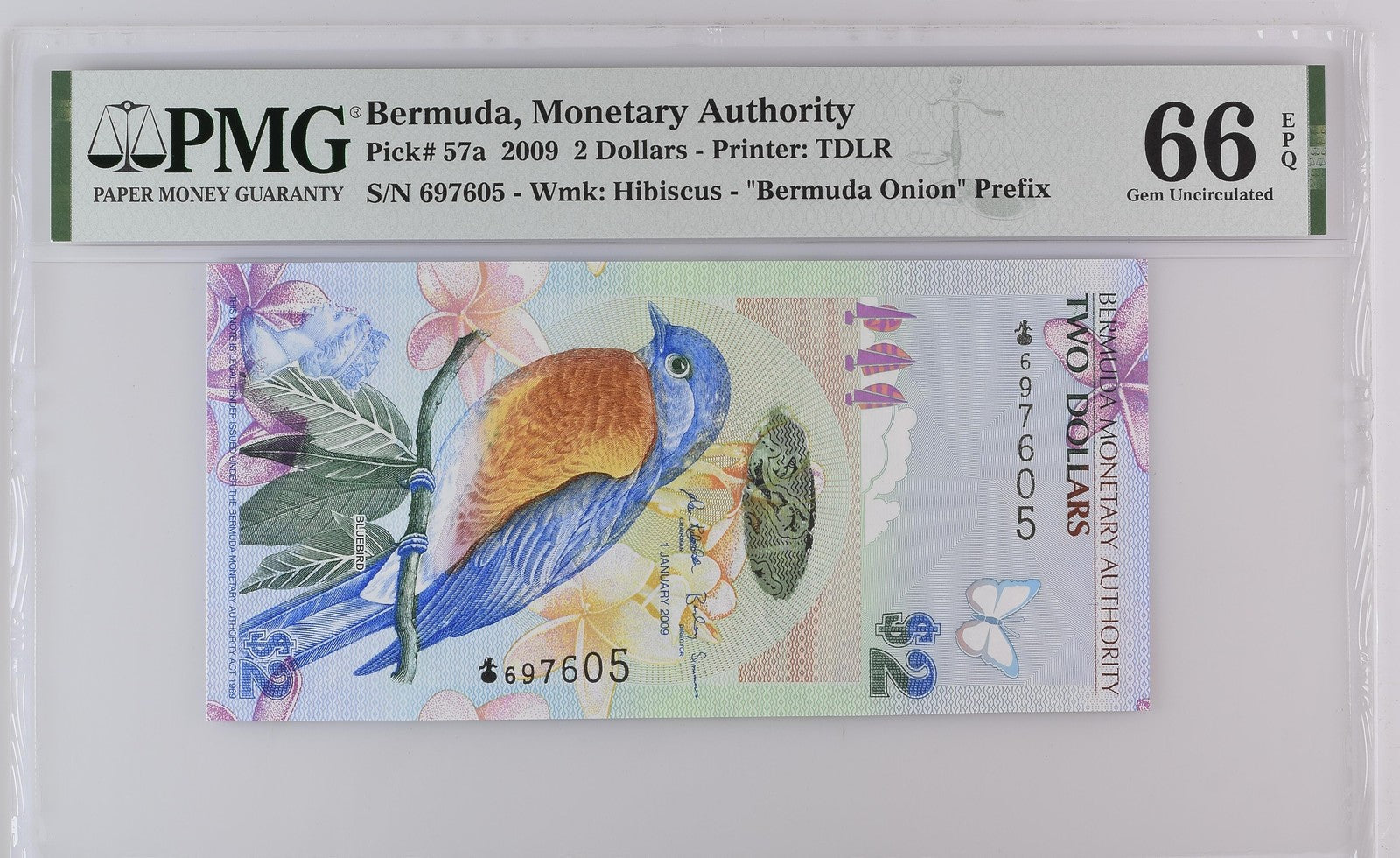 Bermuda Monetary Authority 2 Dollars 2009 P 57a UNC PMG 66 EPQ Onion Prefix
