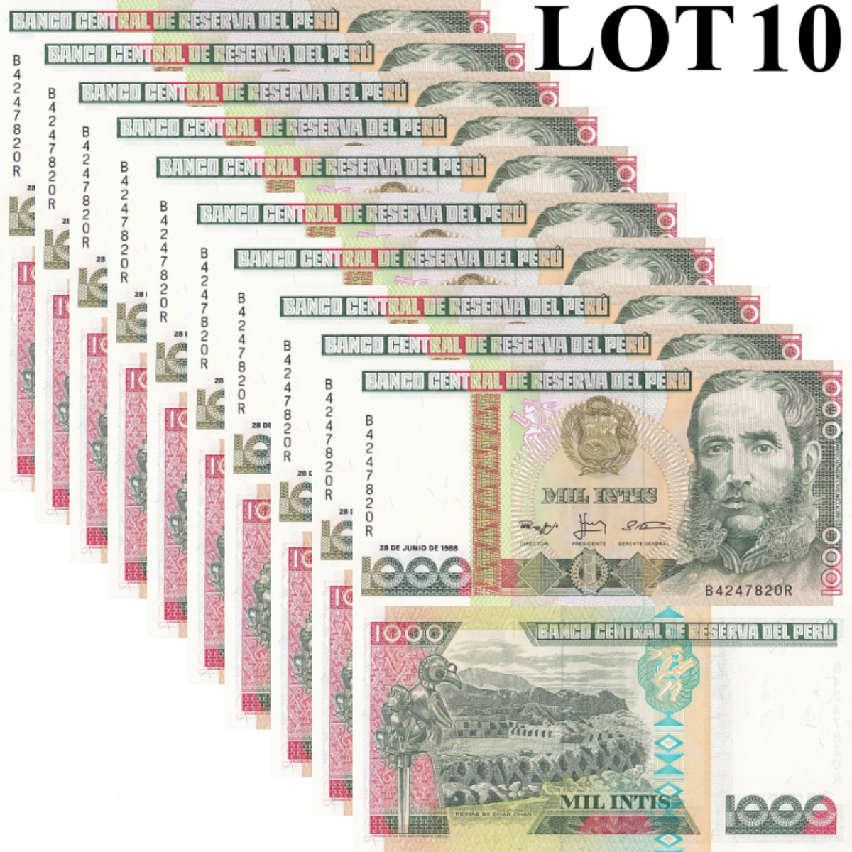 Peru 1000 lntis 1988 P 136b UNC 1/10 Bundle Lot 10 pcs