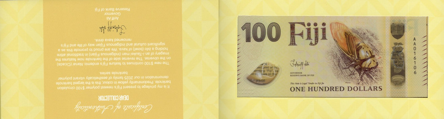 Fiji 100 Dollars 2026 P New Polymer Design UNC AA Prefix With Folder