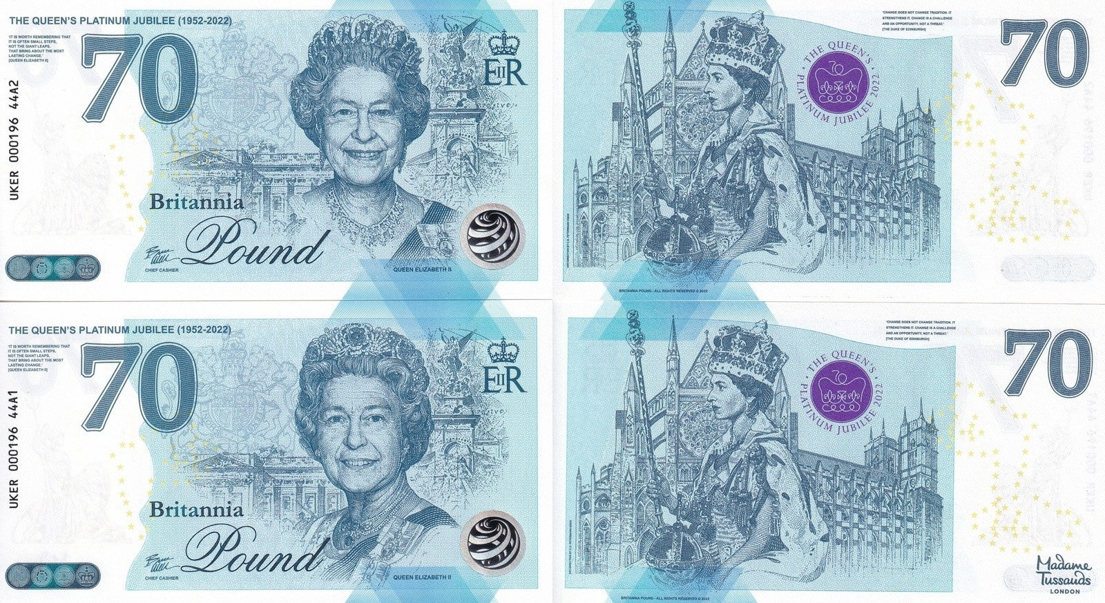 Great Britain Test Note 2022 P New UNC COMM. 70th Anniv Set 2 pcs Match No.