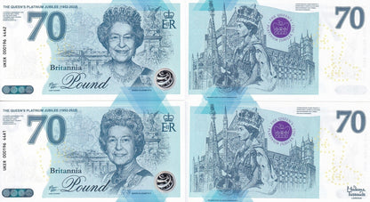 Great Britain Test Note 2022 P New UNC COMM. 70th Anniv Set 2 pcs Match No.