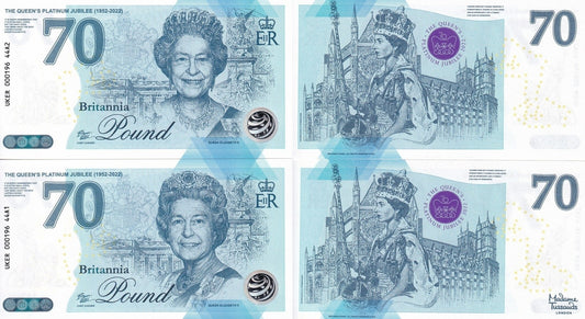 Great Britain Test Note 2022 P New UNC COMM. 70th Anniv Set 2 pcs Match No.