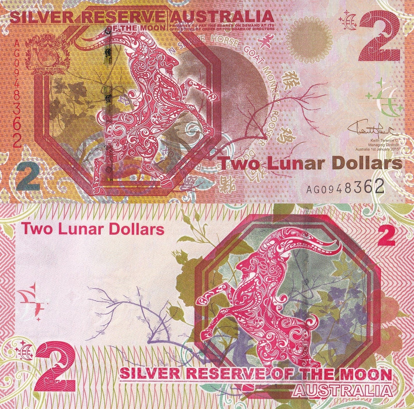 Australia 2 Lunar 2015 UNC Fancy Goat Silver Reserve of the Moon With Folder
