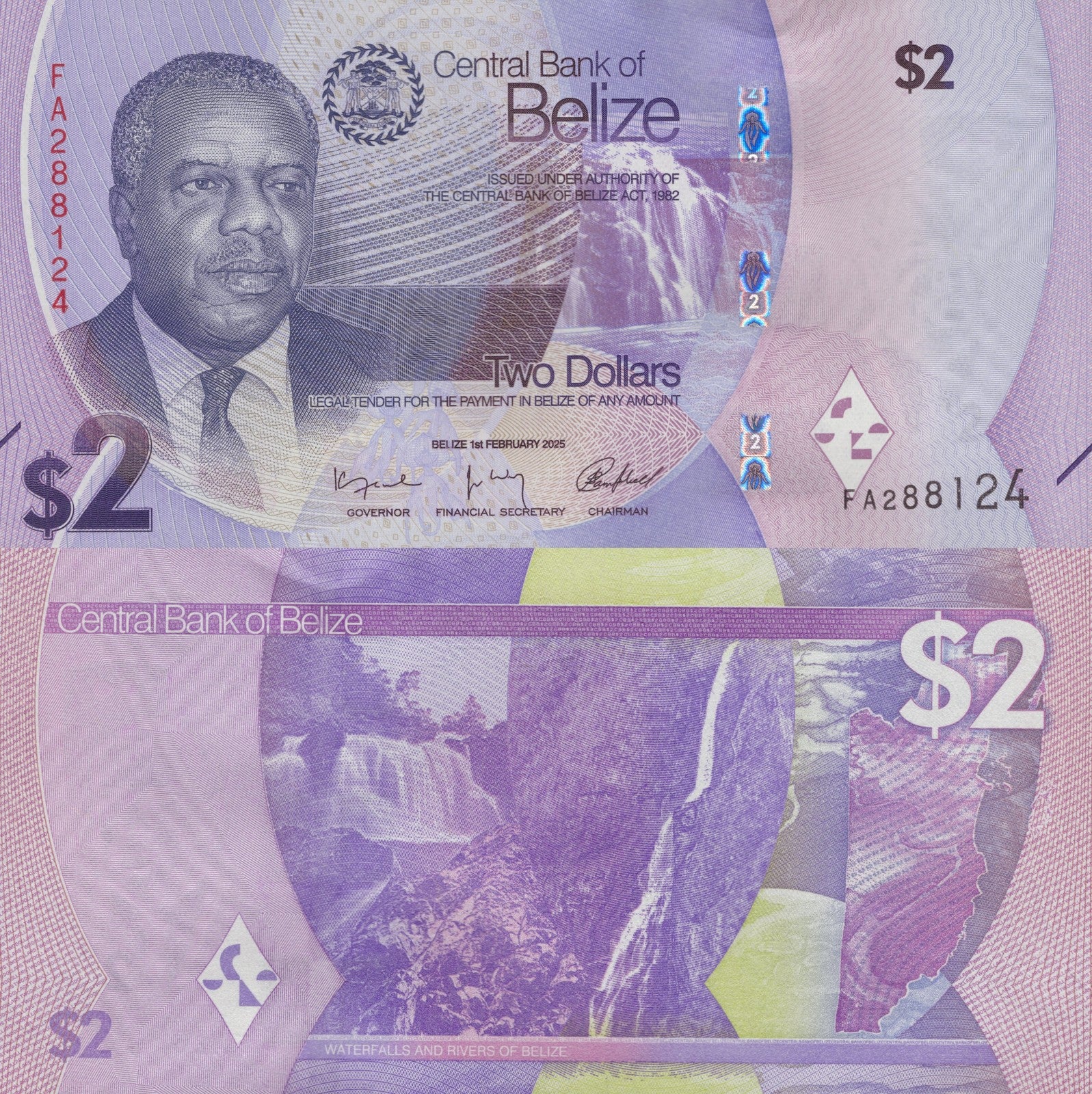Belize 2 Dollars 2025 P New Issue UNC 1/2 Bundle LOT 50 pcs