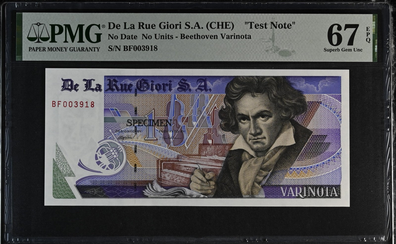 De La Rue Giori S.A. Test Note ND Beethoven Varinota UNC PMG 67 EPQ With S/N