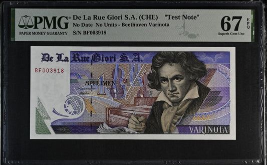De La Rue Giori S.A. Test Note ND Beethoven Varinota UNC PMG 67 EPQ With S/N
