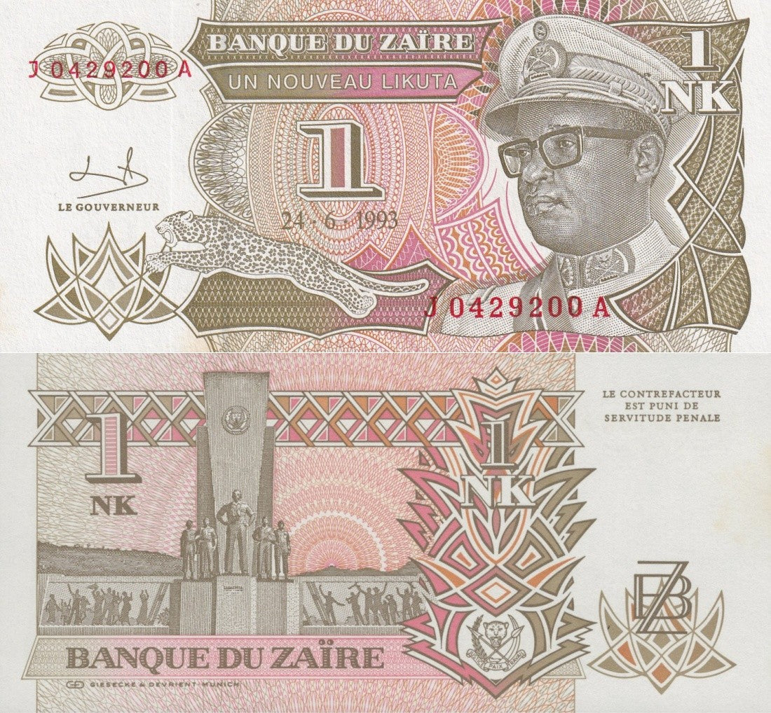 Zaire 1 Nouveau Likuta 1993 P 47 UNC FOXING