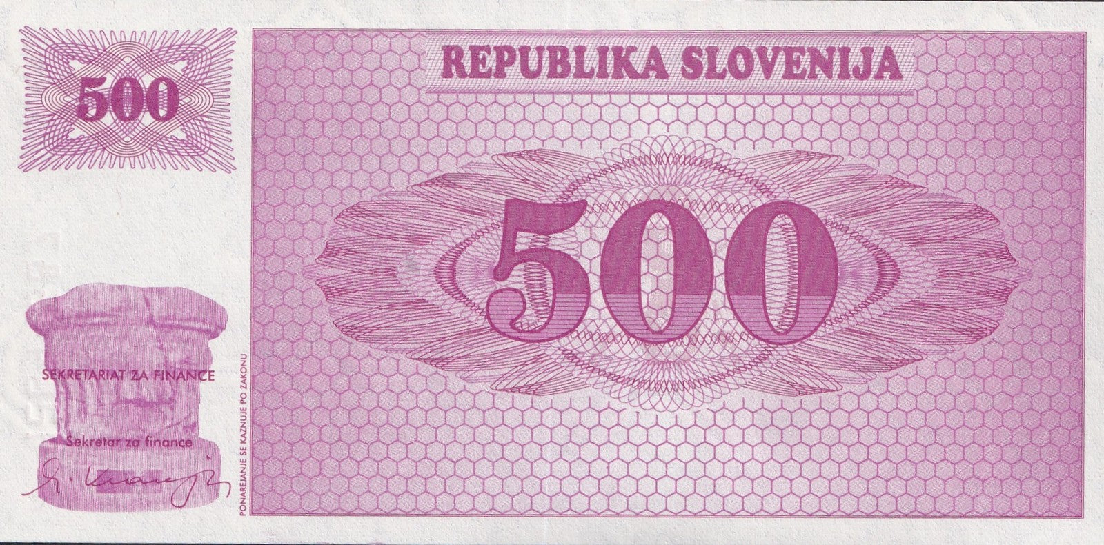 Slovenia 500 Tolarjev 1990 P 8b UNC SPECIMEN