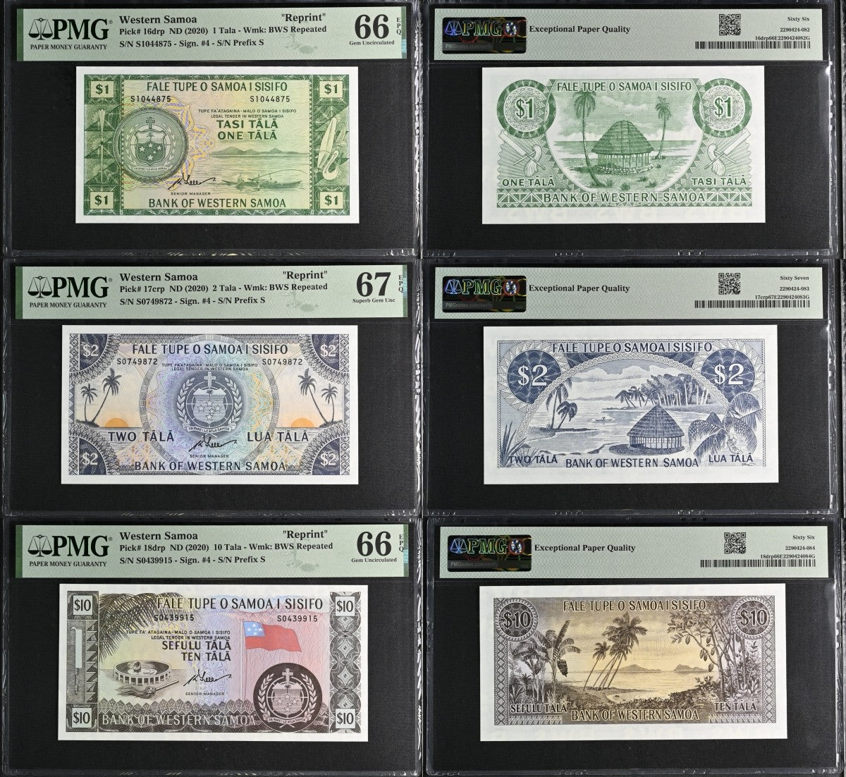 Western Samoa Reprint 1 2 10 Tala ND 2020 P 16 17 18drp UNC PMG 66 67 EPQ Set 3