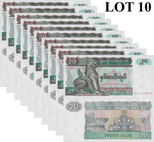 Myanmar Burma 20 Kyats 1994 P 72(1) UNC 1/10 Bundle Lot 10 pcs