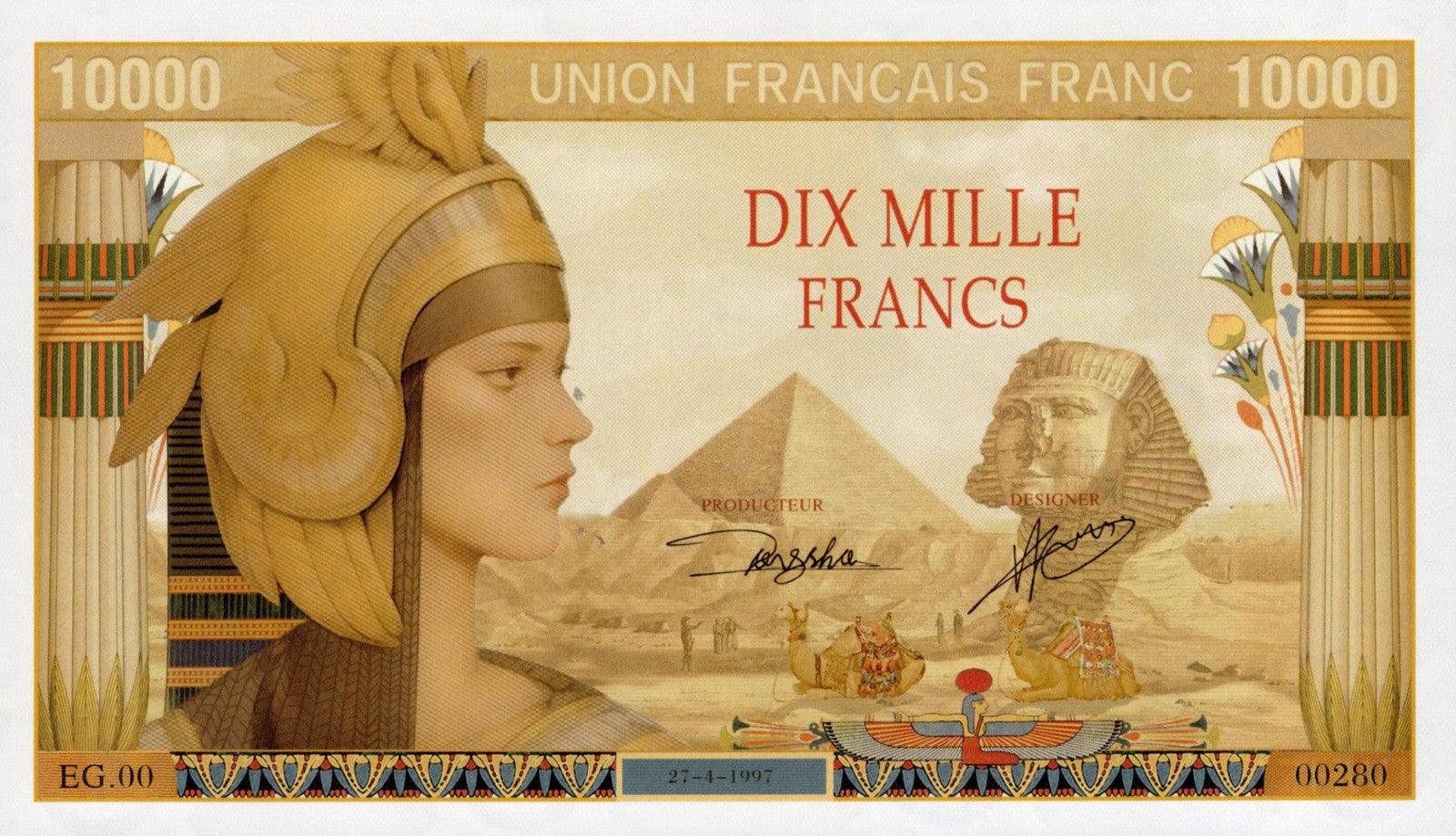 French TEST NOTE 10000 Francs Banknote Egyptian Goddess Pyramid Pharaoh UNC