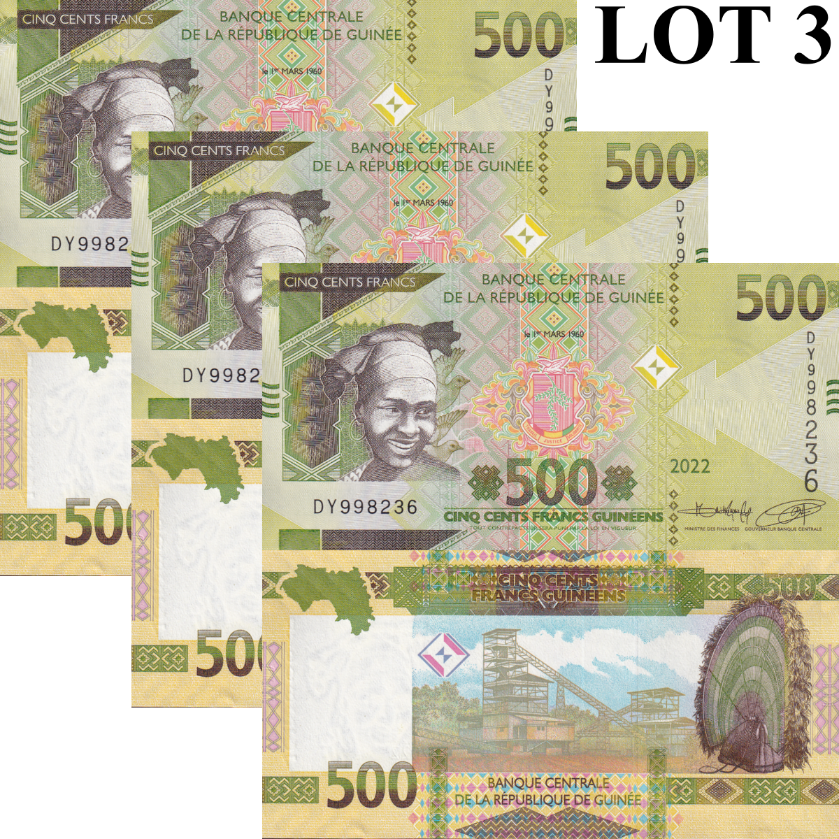 Guinea 500 Francs 2022 P 52 UNC Lot 3 pcs