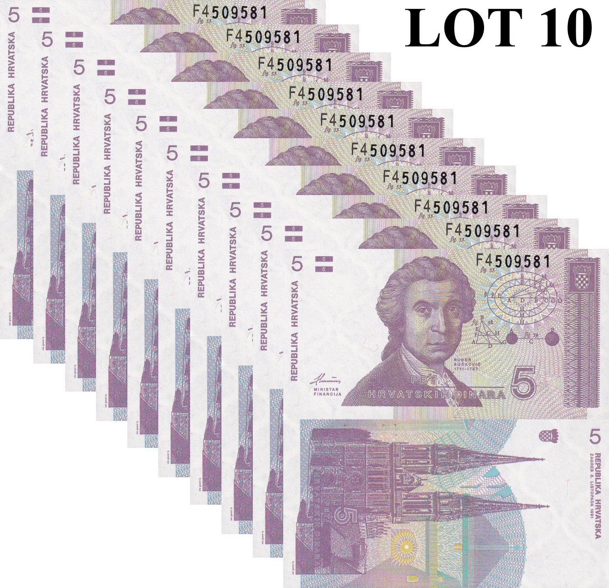 Croatia 5 Hrvatskih Dinara 1991 P 17 UNC 1/10 Bundle Lot 10 pcs