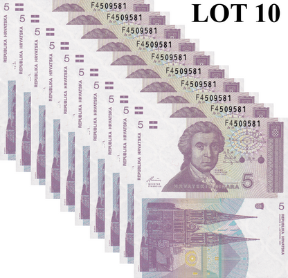 Croatia 5 Hrvatskih Dinara 1991 P 17 UNC 1/10 Bundle Lot 10 pcs