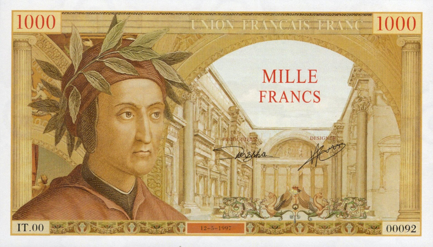 France TEST NOTE 1000 Francs Dante Raphael Commemorative Banknote UNC