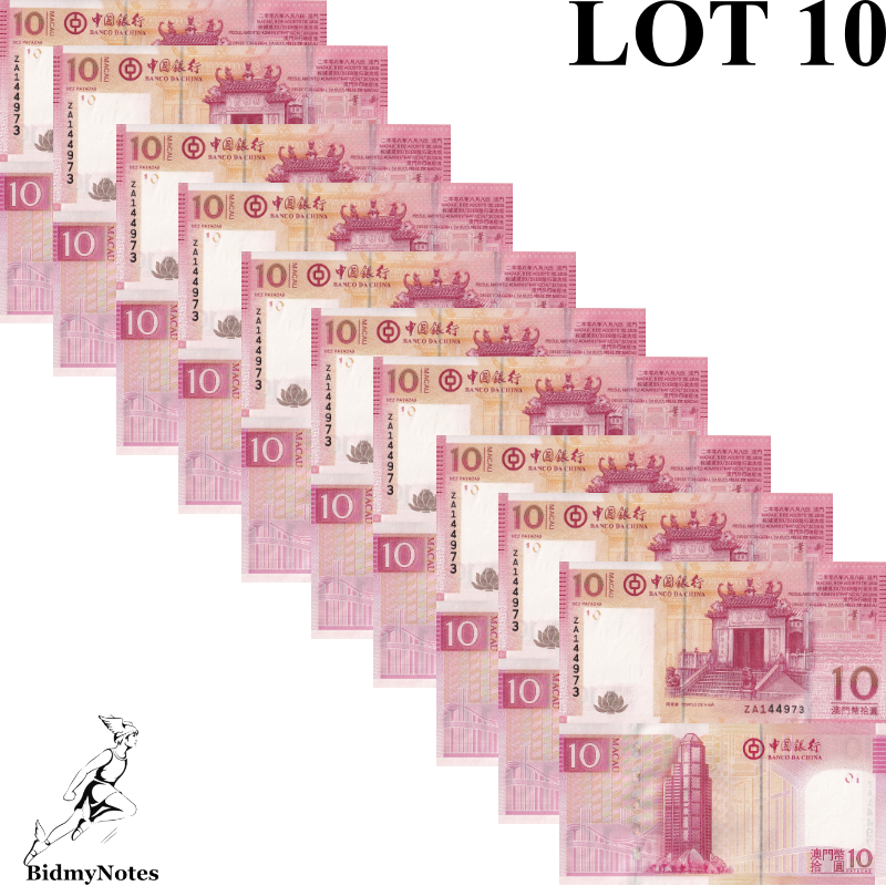 Macau Macao 10 Patacas 2008 P 108a UNC BOC ZA Replacement 1/10 Bundle LOT 10 pcs