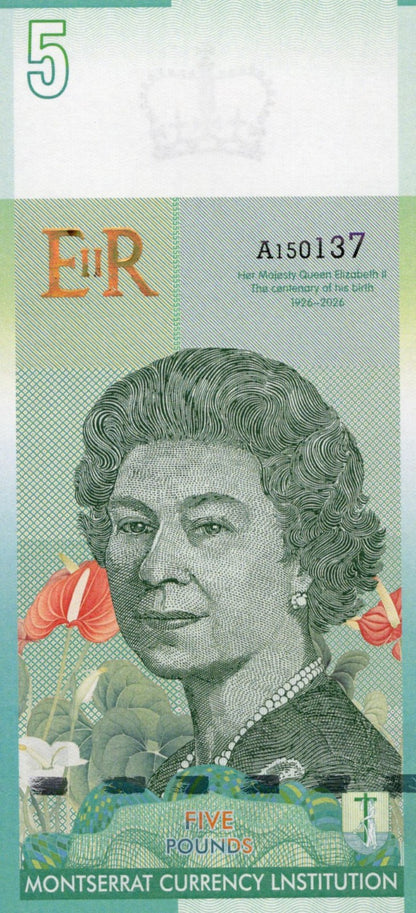 East Caribbean States 2022 MONTSERRAT 5 £ TEST NOTE QUEEN ELIZABETH II UNC