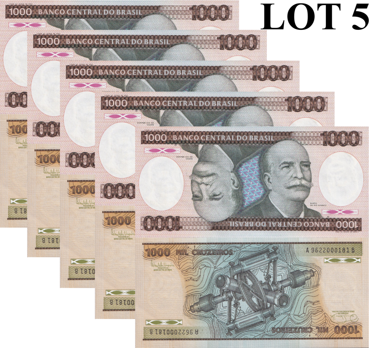 Brazil 1000 Cruzeiros ND 1981-1986 P 201 UNC 1/20 Bundle Lot 5 pcs