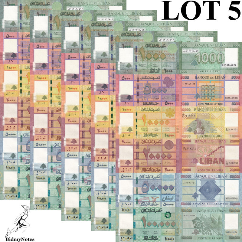Lebanon 1000-100000 Livres 2016-2022 P 90c(1) 91 92 93 94 95 UNC Set 6 pcs Lot 5