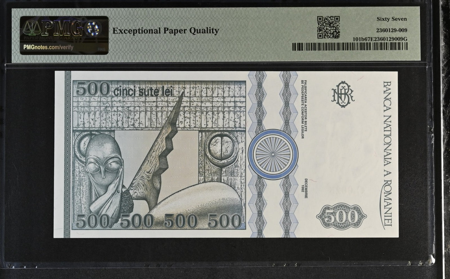 Romania Banca Nationala 500 Lei 1992 P 101b UNC PMG 67 EPQ 3rd TOP POP
