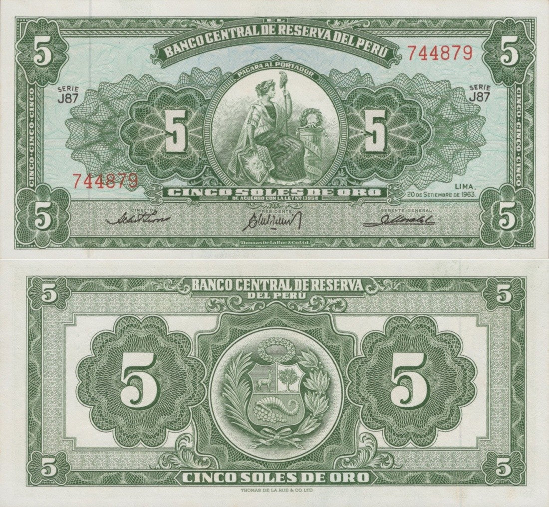 Peru 5 Soles De Oro 1963 P 83a UNC FOXING