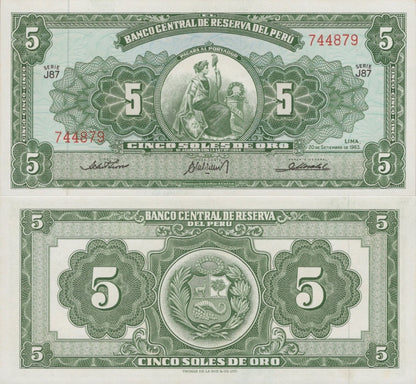 Peru 5 Soles De Oro 1963 P 83a UNC FOXING