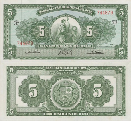 Peru 5 Soles De Oro 1963 P 83a UNC FOXING