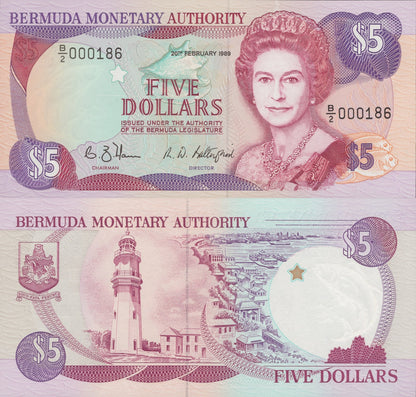 Bermuda 5 Dollars 1989 P 35 UNC LOW SERIAL NO. 186