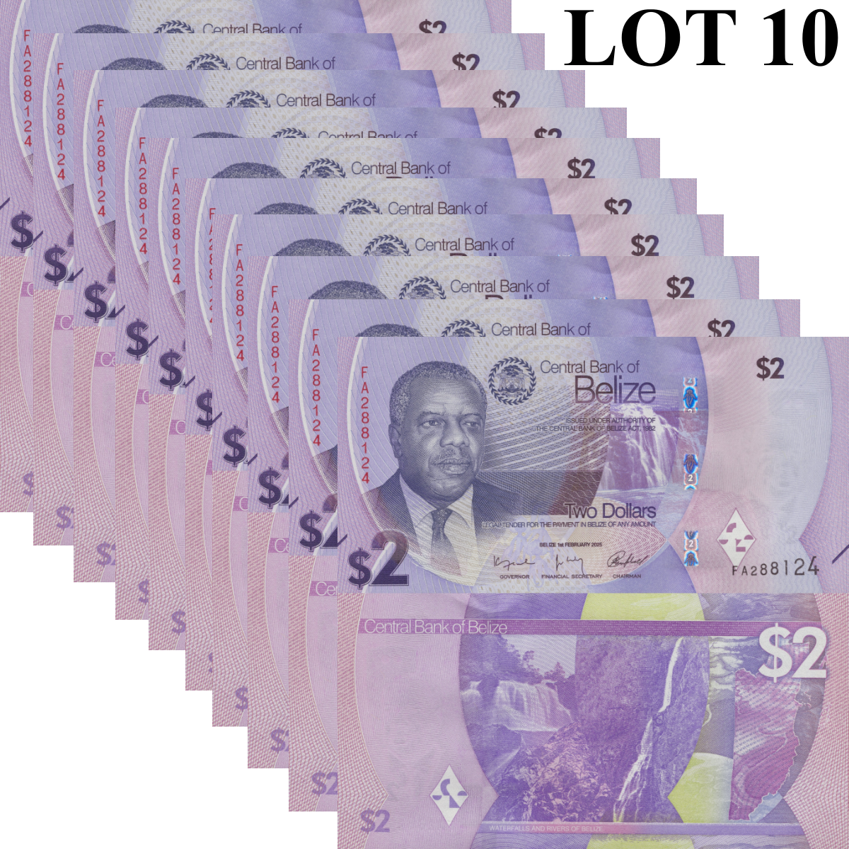 Belize 2 Dollars 2025 P New Issue UNC 1/10 Bundle LOT 10 pcs