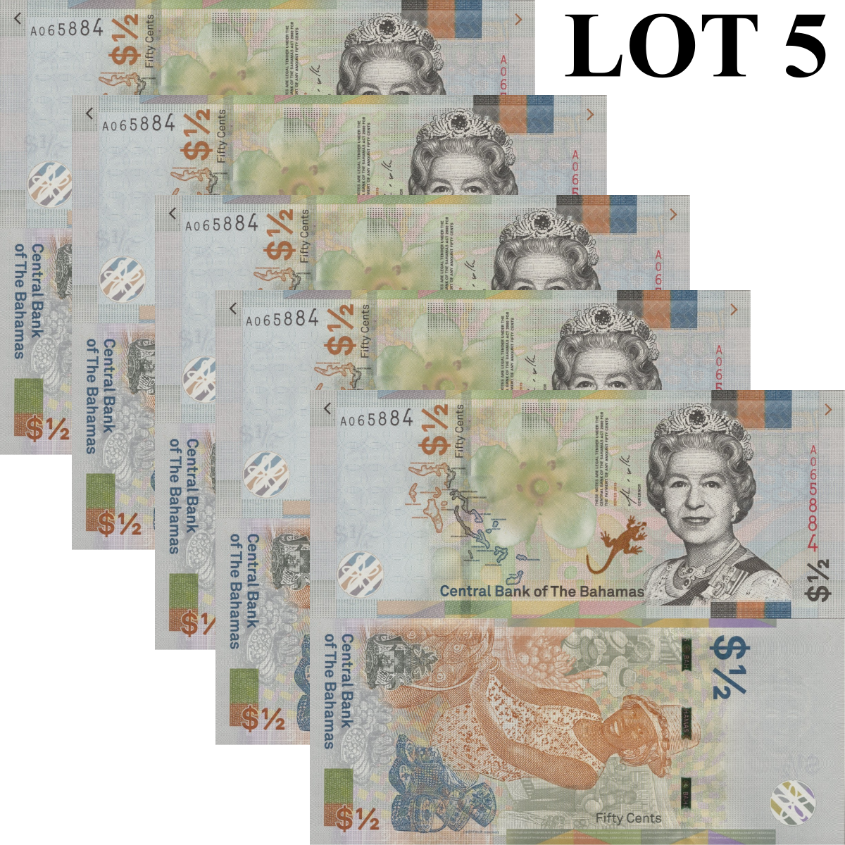 Bahamas 1/2 Dollar 2019 P A77 QEII UNC 1/20 Bundle Lot 5 pcs
