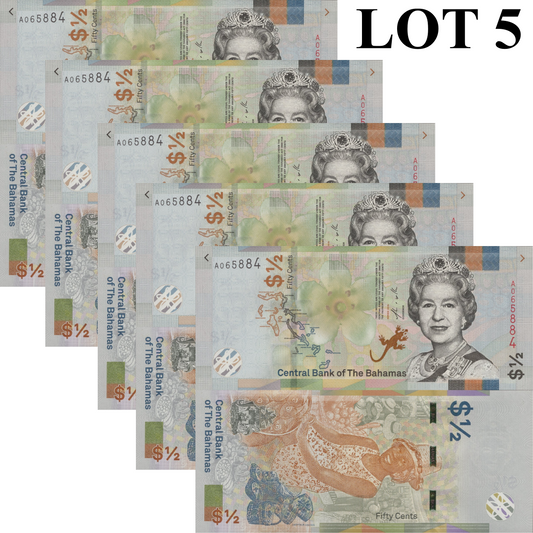 Bahamas 1/2 Dollar 2019 P A77 QEII UNC 1/20 Bundle Lot 5 pcs