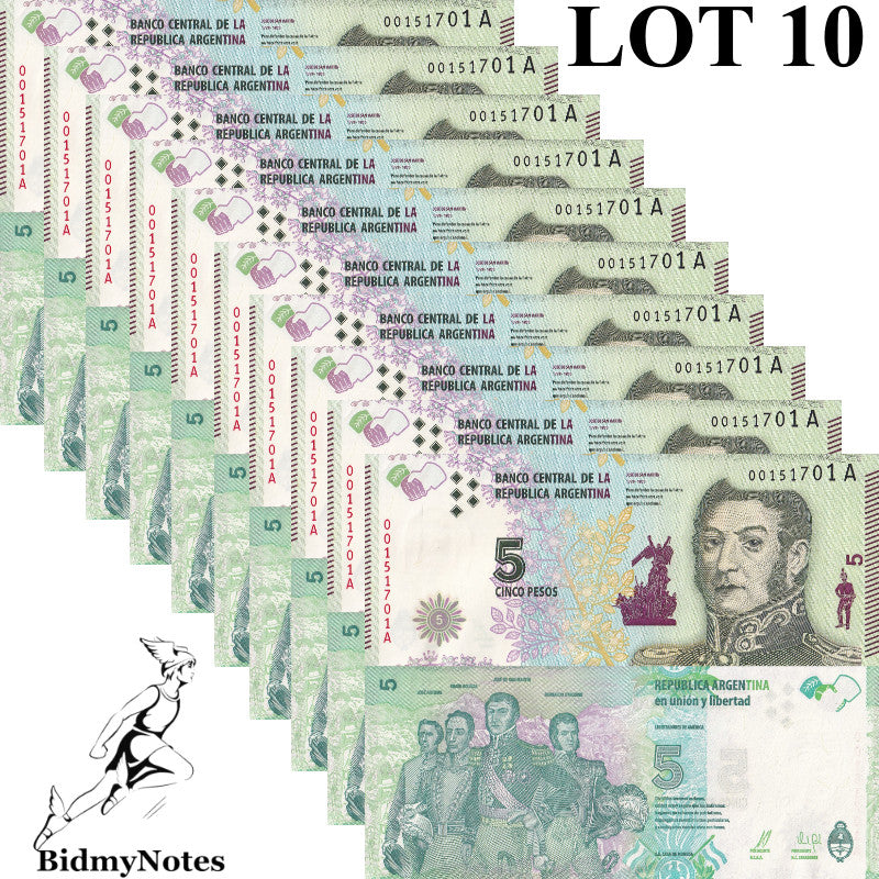 Argentina 5 Pesos ND 2015 P 359 UNC 1/10 Bundle LOT 10 pcs