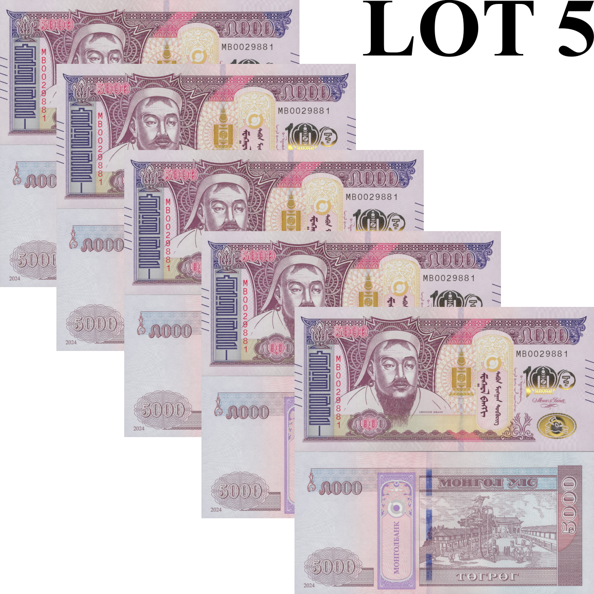Mongolia 5000 Togrog 2024 P 80 UNC COMM. 100th Anniversary Lot 5 pcs