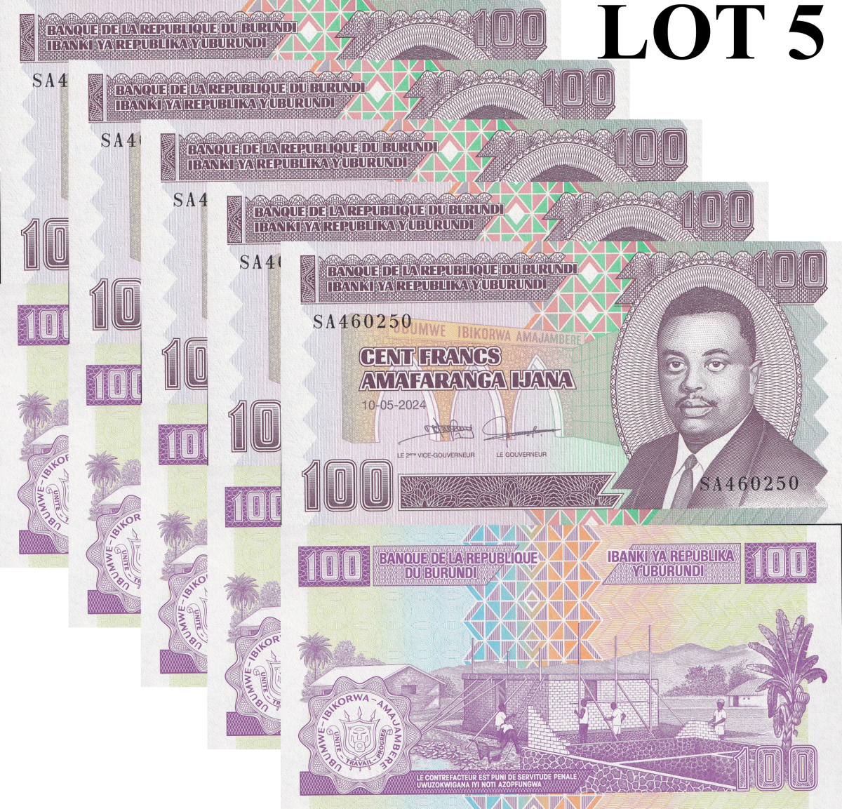 Burundi 100 Francs 2024/2025 P 44 New UNC 1/20 Bundle Lot 5 pcs