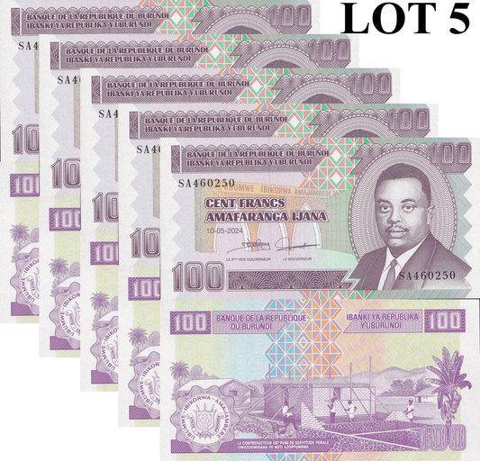 Burundi 100 Francs 2024/2025 P 44 New UNC 1/20 Bundle Lot 5 pcs