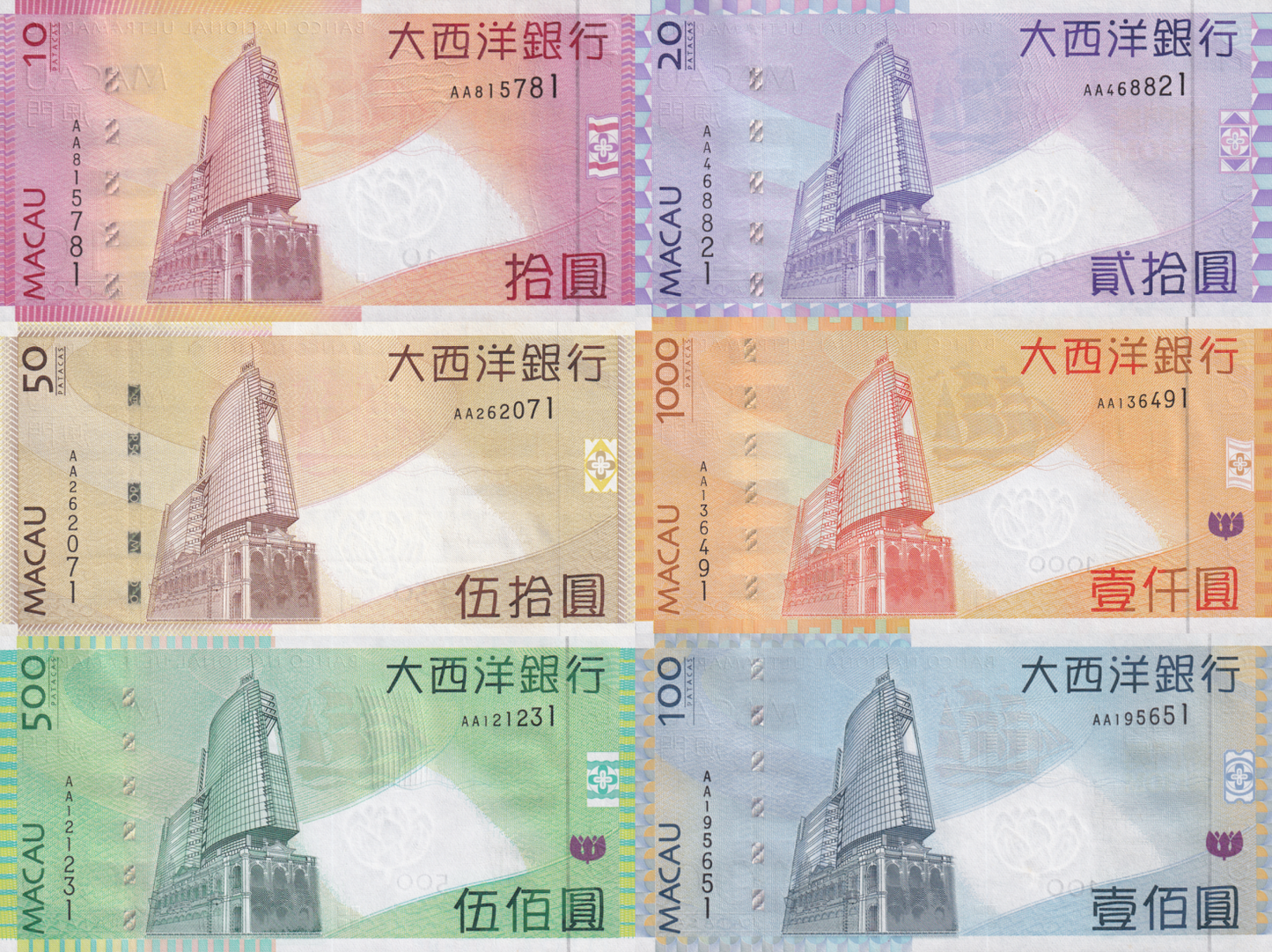 Macau Macao 10 20-1000 Patacas 2005-2009 P 80a-84a UNC BNU Set 6 pcs AA Prefix