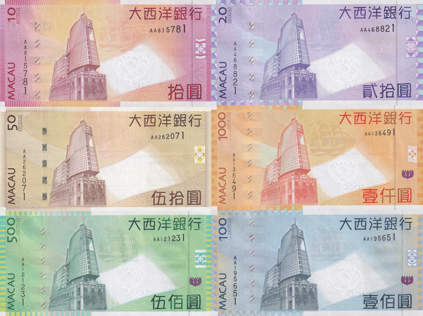 Macau Macao 10 20-1000 Patacas 2005-2009 P 80a-84a UNC BNU Set 6 pcs AA Prefix