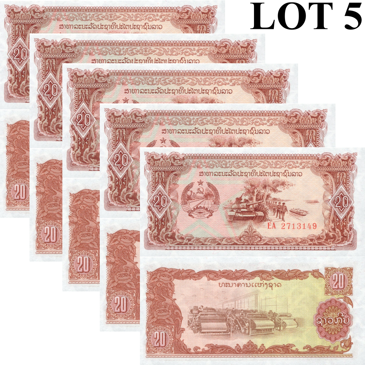 Laos 20 Kip ND 1979 P 28 UNC 1/20 Bundle Lot 5 pcs