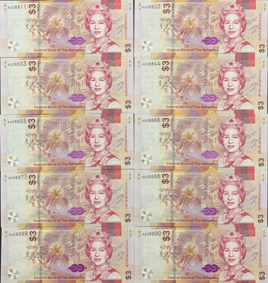Bahamas 3 Dollars 2019 P 78 UNC Set 10 pcs Lucky Fancy No. A008811-8888-8900