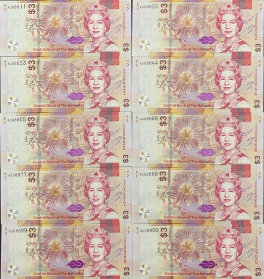Bahamas 3 Dollars 2019 P 78 UNC Set 10 pcs Lucky Fancy No. A008811-8888-8900
