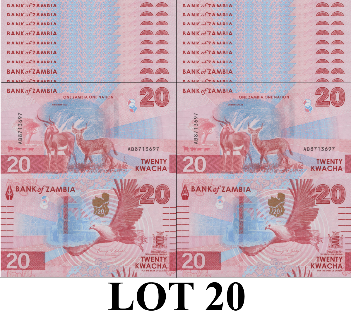 Zambia 20 Kwacha 2024 2025 P New Issue UNC 1/5 Bundle LOT 20 pcs