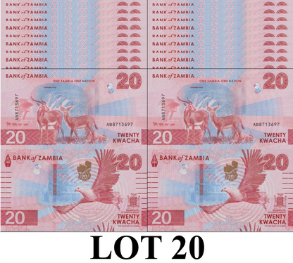 Zambia 20 Kwacha 2024 2025 P New Issue UNC 1/5 Bundle LOT 20 pcs